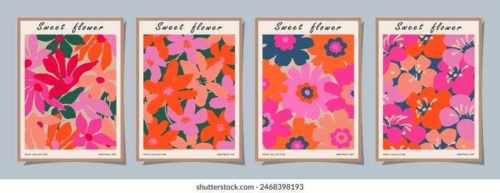 Set of abstract groovy floral posters. Trendy botanical wall art with flower design print in vibrant colors. Modern naive for interior decor, cover, card, template, banner, wallpaper and background.