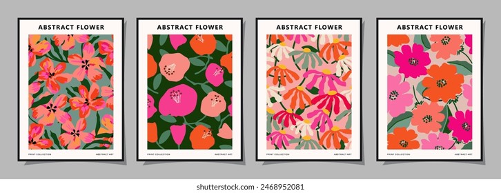 Set of abstract groovy floral posters. Trendy botanical wall art with flower design print in vibrant colors. Modern naive for interior decor, cover, card, template, banner, wallpaper and background.