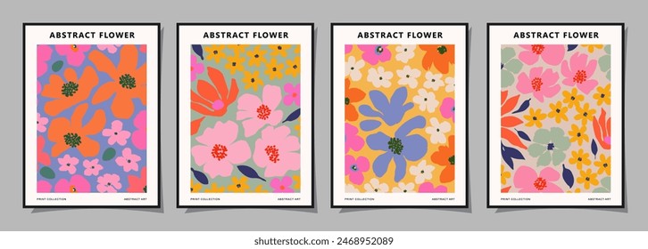 Conjunto de posters florales abstractos. Arte de pared botánico de moda con impresión de diseño de flores en colores vibrantes. Moderno naive para la decoración de interiores, cubierta, tarjeta, Plantilla, Anuncio, Fondo de pantalla y fondo.