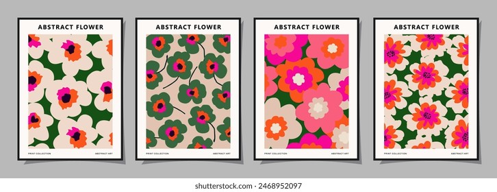 Set of abstract groovy floral posters. Trendy botanical wall art with flower design print in vibrant colors. Modern naive for interior decor, cover, card, template, banner, wallpaper and background.