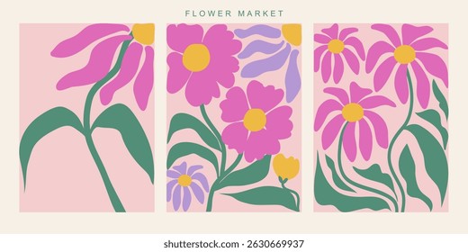 Set of abstract groovy floral posters. Modern trendy Matisse minimal style. Hand drawn design for wallpaper, wall decor, print, postcard, cover, template, banner.