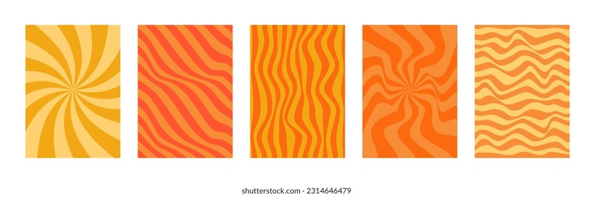 Set of abstract groovy hippie backgrounds in yellow and orange colors. Distorted and twisted texture in trendy retro psychedelic style. Vector illustration 