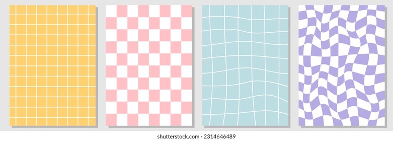 Set of abstract groovy hippie backgrounds. Distorted and twisted checkerboard, chessboard texture in trendy retro psychedelic style.  Vector illustration