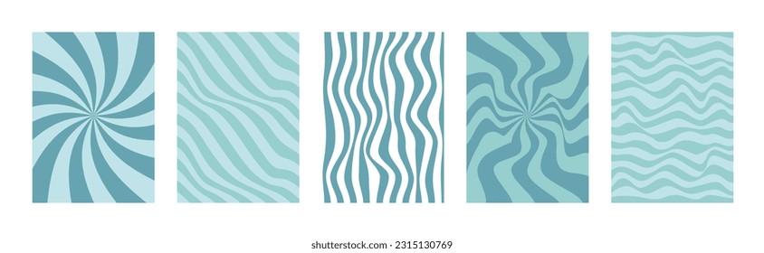 Set of abstract groovy hippie backgrounds in blue colors. Distorted and twisted texture in trendy retro psychedelic style. Vector illustration