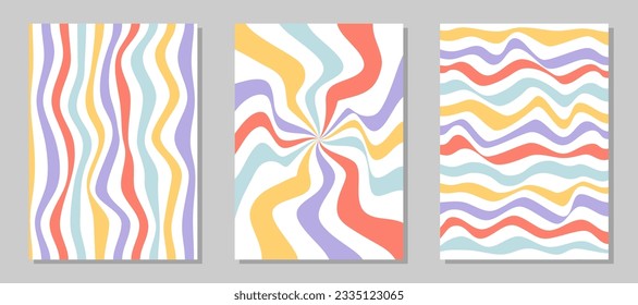 Set of abstract groovy hippie backgrounds with colorful wavy lines. Trendy retro print design for posters, cards, banners. Vector illustration
