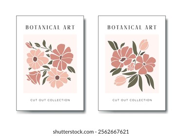 Set of abstract groovy modern trendy hand painted botanical posters, Henri Matisse minimal style design. Colorful collection of cutouts. Vector illustration.