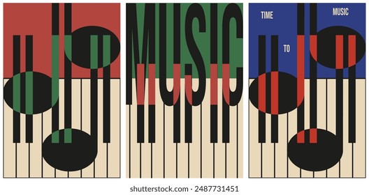 Set Abstract Groovy style Music poster design. Abstraction musical Pop Art collection with Piano keys and typography inscription. Vintage style vector illustration.