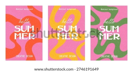 Set of abstract groovy summer banners. Wavy lines, green, yellow, orange colors. Modern trendy minimal style. Design for wallpaper, card, print, cover social media, poster, flyer. Vector illustration