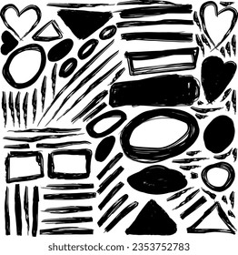 Set of abstract grunge brush in many shapes, black and white artwork vector design.