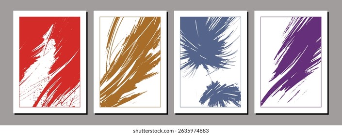 Conjunto de Plantillas abstractas de trazo de pincel grunge: impresiones texturizadas minimalistas coloridas para arte mural moderno, volantes, cubiertas de libros, carteles, Panfletos y folletos.