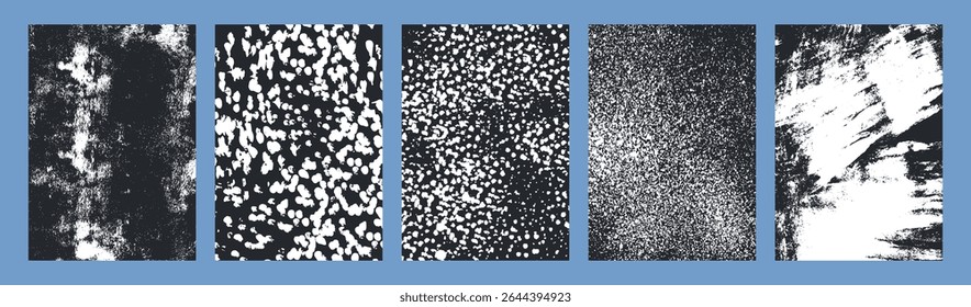 Conjunto de texturas angustiadas do grunge abstrato com padrões granulados, ruidosos e ásperos para cenários de design criativo e efeitos de sobreposição.
