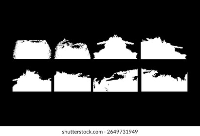 Set of abstract grunge photo masks with rough, distressed edges. High contrast white frames on black background, perfect for overlays, vintage effects, digital art, and creative compositions.