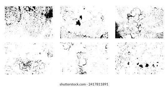 Set of abstract grunge texture vector backgrounds. Grainy textured backdrops with cracks, scuffs, stains. Vintage overlay effect
