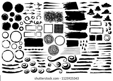 Set of abstract grungy brush strokes, swirls, circles and frames hand painted with black ink isolated on white background. Vector illustration