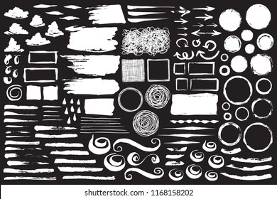 Set of abstract grungy chalk strokes, swirls, circles and frames hand painted with black chalkboard effect. Vector illustration