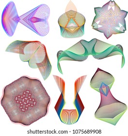 A set of abstract guilloche art forms with multiple colorful layers emulating a moire effect.