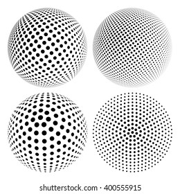 Set of Abstract Halftone 3D Sphere with Circle Dots. Futuristic Design Element in Techno Style. Vector illustration.