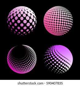 Set abstract halftone 3D spheres. Dotted spot vector design elements.