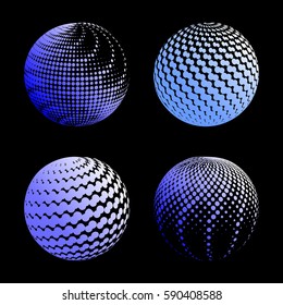 Set abstract halftone 3D spheres. Dotted spot vector design elements.