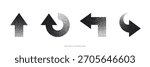 Set of abstract Halftone Arrow with dotted gradient gradation effects. Black fading arrows in different directions in stipple texture. Pop art navigation symbol. Vector illustration collection icon
