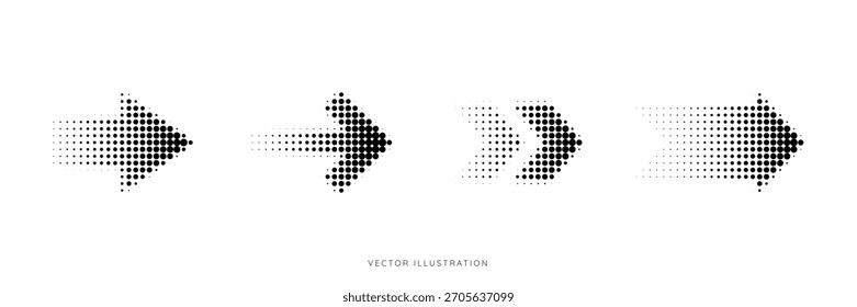 Conjunto de flechas de semitono abstracto con efectos de gradación de gradiente punteado. Señales simples de dirección hacia adelante. Símbolo de navegación de arte Pop. Icono de colección de Ilustración vectorial
