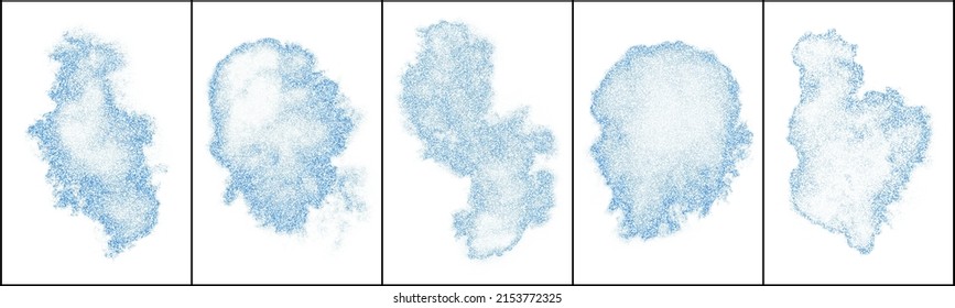 Set of Abstract Halftone Blue Cloud, Isolated on White Background. Frozen Motion of Round Particles.  Modern Dotted Futuristic Backdrop. Vector Illustration, Eps 10.