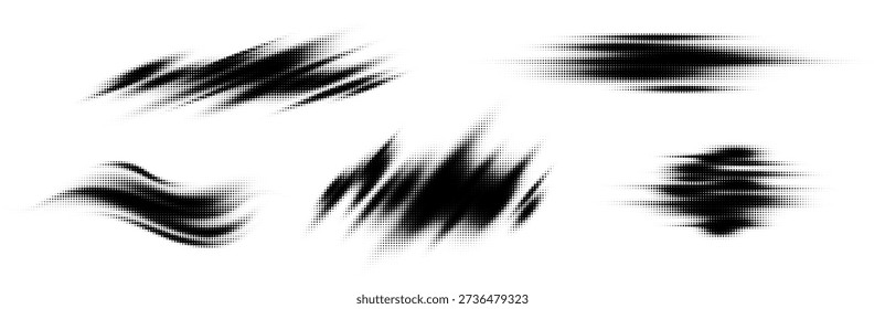 Set of abstract halftone brush strokes. Vector black and white dotted grunge textures, speed lines, and ink smears. Retro comic style design elements isolated.