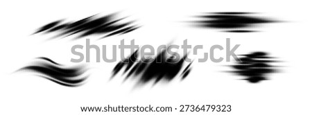 Set of abstract halftone brush strokes. Vector black and white dotted grunge textures, speed lines, and ink smears. Retro comic style design elements isolated.