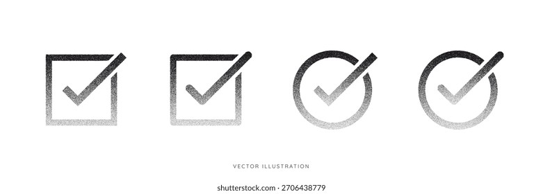 Conjunto de Abstract Halftone Checkmark icon com efeitos de gradação de gradiente de pontos. Marca de verificação de pop art. Preto pontilhado símbolos aprovados. Ilustração vetorial
