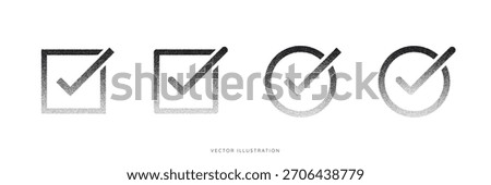 Set of Abstract Halftone Checkmark icon with dots gradient gradation effects. Pop art verification check mark. Black dotted approved symbols. Vector illustration