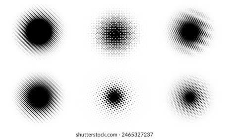 Conjunto de círculos de semitonos Abstractas. Elementos de fondo de Diseño gráfico. Puntos de semitonos de diferente tamaño. Estilo de arte Pop. Ilustración vectorial