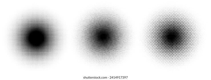 Set of Abstract Halftone Circles. Triangular Hexagonal and Squares Halftone Circle Frames. Template for Comic or Pop Art Designs. Vector Illustration.