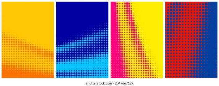Set of abstract halftone colorful gradient backgrounds. Vector pop art illustration.
