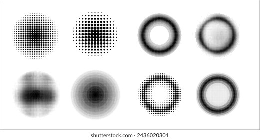 Set of abstract halftone dot circles. Black and white illustrations. Halftone dot pattern, dot fade effect, mottled vector illustration.