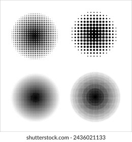 Set of abstract halftone dot circles. Black and white illustrations. Halftone dot pattern, dot fade effect, mottled vector illustration.