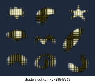 Conjunto de Formas de punto de semitono abstracto. Elementos de textura geométrica de arte pop retro en color amarillo para la decoración de moda del diseño de Memphis.