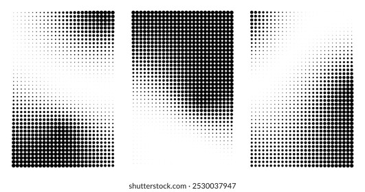 Set of Abstract halftone dotted background. Collection of pointillism gradient pattern in dotwork style. Dotted set of shapes, stipple elements. rain noise halftone objects. Vector template