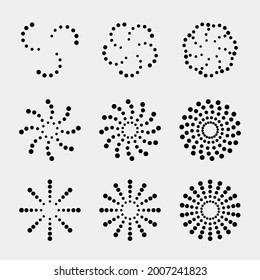 Set of Abstract Halftone Dotted Spiral Vector Design Elements. Futuristic Dot Spiral or Vortex Illustrations for Modern Logo Design