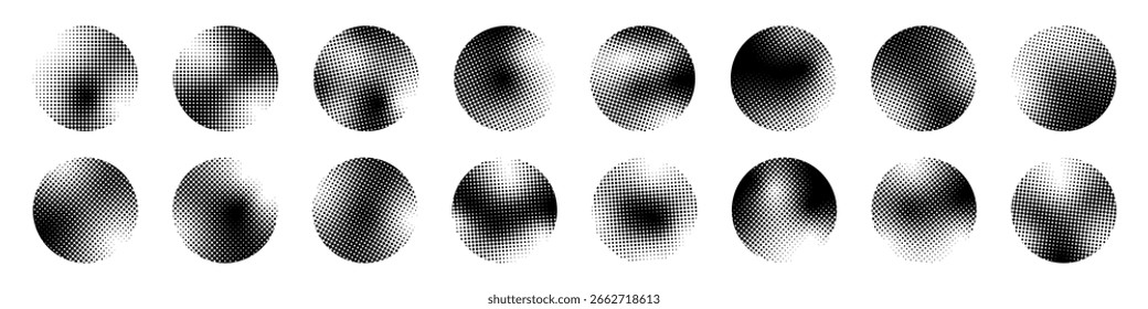 Conjunto de círculos de gradiente de meio-tom abstrato em preto e branco. Coleção de texturas retrô em estilo cômico. Elementos de design gráfico minimalista. Conceito de arte óptica e pop art