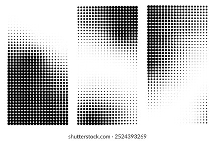 Set of abstract halftone grain noise dotwork background. Collection of pointillism gradient pattern in dotwork style. Dotted set of shapes, stipple elements. rain noise halftone objects. Vector