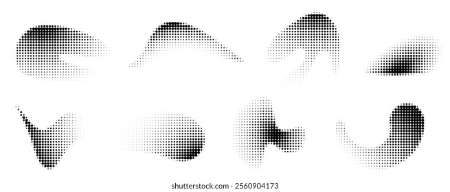 Set of abstract halftone grain noise dotwork background. Collection of pointillism gradient pattern in dotwork style. Dotted set of shapes, stipple elements. rain noise halftone objects. Vector