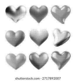 Conjunto de Formas abstractas de corazón de medio tono en blanco y negro. Símbolos de amor punteados mínimos para diseño romántico, póster, impresión, marca y arte gráfico moderno.