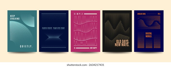 A set of abstract halftone posters featuring creative typography and gradient dot patterns. Ideal for modern wall art, prints, branding, or digital inspiration visuals.