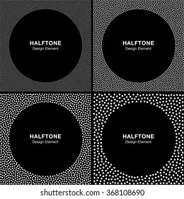 Set of Abstract Halftone White Dots Frames on Black Background. Circle Backgrounds. Vector illustration.