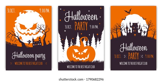 Set of abstract Halloween party backgrounds for social media stories. Colorful banners with pumpkins, bats, ghosts and dark forest. Use for event invitation, discount voucher, advertising. Vector illu
