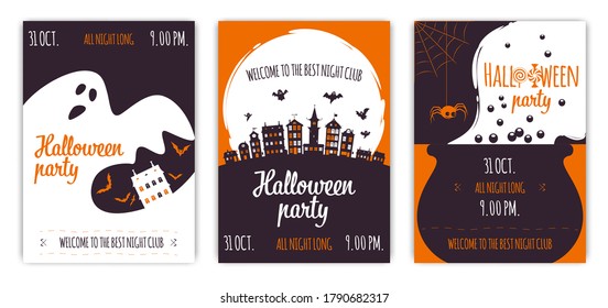 Set of abstract Halloween party backgrounds for social media stories. Colorful banners with caldron, spider, pumpkins, bats, ghosts and buildings. Use for event invitation, discount voucher, advertisi