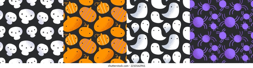 Set Of Abstract Halloween Seamless Pattern In Modern Art Style. Hand Drawn October Celebration Doodle Background. Creepy Wallpaper Print Drawing Collection. Includes Ghost, Skull, Pumpkin.