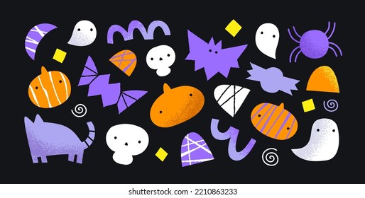 Set Of Abstract Halloween Season Shapes In Modern Design Style. Hand Drawn October Celebration Doodle Collection. Creepy Drawing Element Bundle On Isolated Background. Includes Ghost, Skull, Pumpkin.