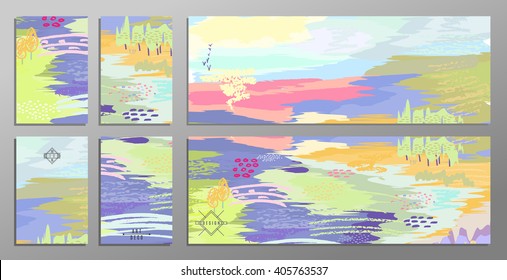 Set of abstract hand draw creative universal cards and banners. Design for party poster, wedding card background, invitation, birthday, placard, brochure, flyer. Vector. Isolated.