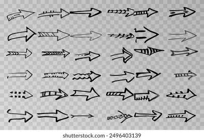 Set of abstract hand drawn arrows different direction and points on an isolated transparent background. Arrows vector png.